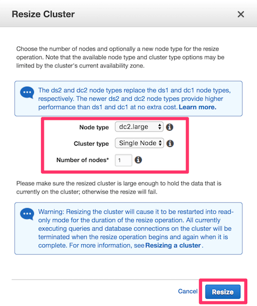 Redshift - Resize Cluster Modal